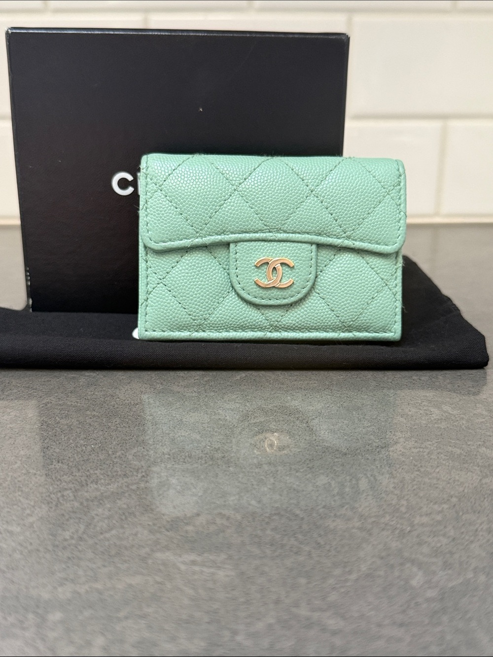 Chanel CC Classic Trifold Caviar Wallet in Mint Green Champagne Gold Hardware